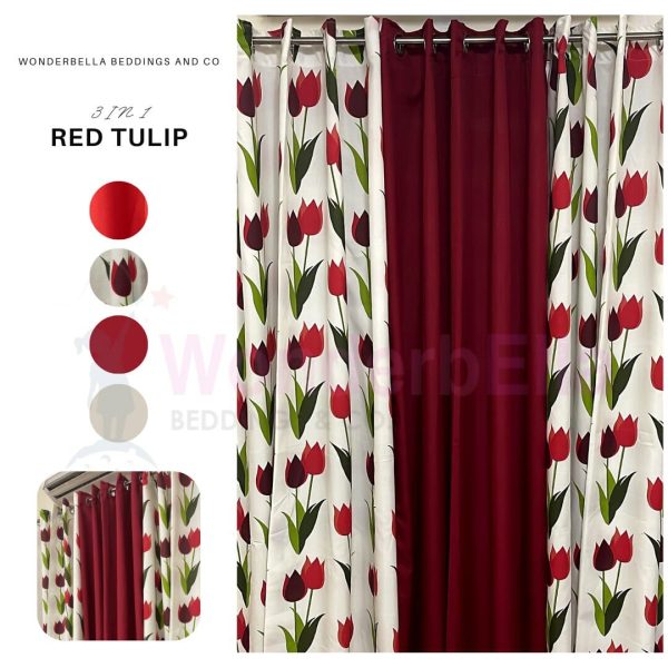 Red Tulip - 100% Elegant Cretona Katrina Curtain Set